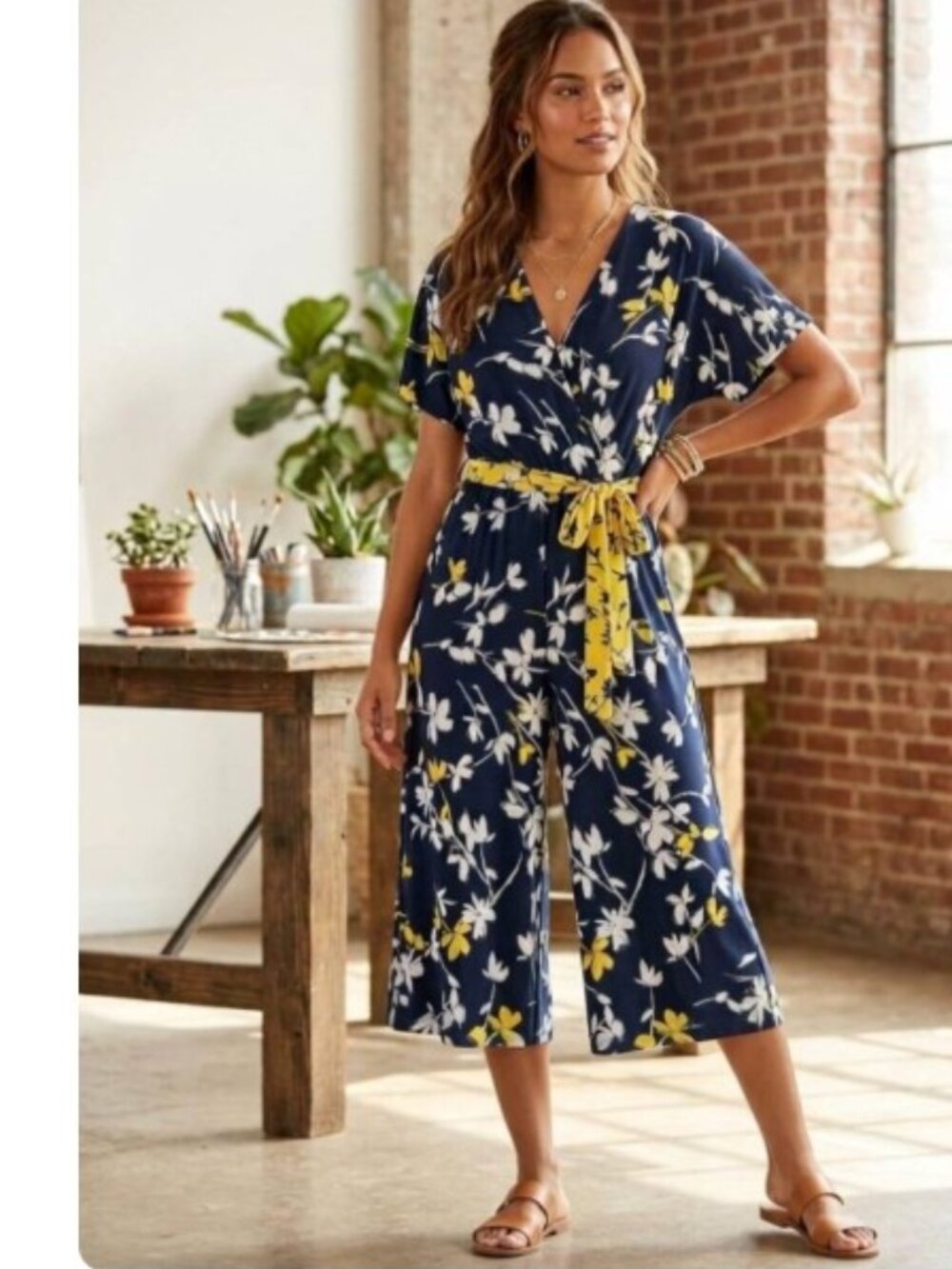 LONDON TIMES Navy Blue Wide-Leg Wrap Jumpsuit